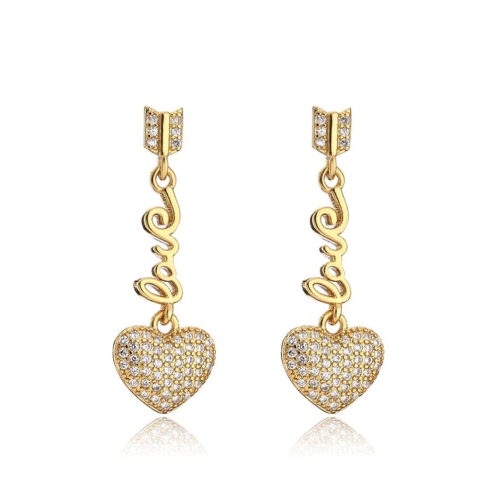 Gold tone Love Heart Drop Earrings with Pave Crystals